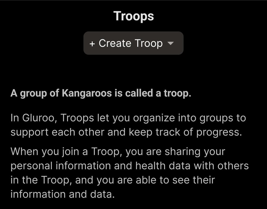 Skjermen Troops i Gluroo. Teksten sier at den som blir med i en tropp, deler personopplysninger og helseopplysninger med alle i troppen. Ingen medlemsnavn vises.
